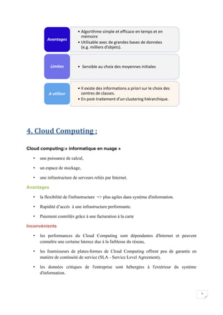 5
4. Cloud Computing :
Cloud computing:« informatique en nuage »
• une puissance de calcul,
• un espace de stockage,
• une infrastructure de serveurs reliés par Internet.
Avantages
• la flexibilité de l'infrastructure => plus agiles dans système d'information.
• Rapidité d’accès à une infrastructure performante.
• Paiement contrôlés grâce à une facturation à la carte
Inconvénients
• les performances du Cloud Computing sont dépendantes d'Internet et peuvent
connaître une certaine latence due à la faiblesse du réseau,
• les fournisseurs de plates-formes de Cloud Computing offrent peu de garantie en
matière de continuité de service (SLA - Service Level Agreement),
• les données critiques de l'entreprise sont hébergées à l'extérieur du système
d'information.
• Algorithme simple et efficace en temps et en
mémoire
• Utilisable avec de grandes bases de données
(e.g. milliers d’objets).
Avantages
• Sensible au choix des moyennes initialesLimites
• Il existe des informations a priori sur le choix des
centres de classes.
• En post-traitement d’un clustering hiérarchique.
A utiliser
 