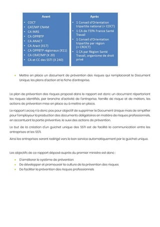 • Mettre en place un document de prévention des risques qui remplacerait le Document
Unique, les plans d’action et la fiche d’entreprise.
Le plan de prévention des risques proposé dans le rapport est donc un document répertoriant
les risques identifiés, par branche d’activité de l’entreprise, famille de risque et de métiers, les
actions de prévention mise en place ou à mettre en place.
Le rapport Lecoq n’a donc pas pour objectif de supprimer le Document Unique mais de simplifier
pour l’employeur la production des documents obligatoires en matière de risques professionnels,
en accentuant la partie préventive, le suivi des actions de prévention.
Le but de la création d’un guichet unique des SSTI est de facilité la communication entre les
entreprises et les SSTI.
Ainsi les entreprises seront redirigé vers le bon service automatiquement par le guichet unique.
Les objectifs de ce rapport déposé auprès du premier ministre est donc :
• D’améliorer le système de prévention
• De développer et promouvoir la culture de la prévention des risques
• De faciliter la prévention des risques professionnels
 