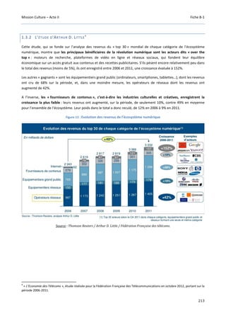 Mission Culture – Acte II Fiche B-1
213
1.3.2 L’ÉTUDE D’ARTHUR D. LITTLE
4
Cette étude, qui se fonde sur l’analyse des revenus du « top 30 » mondial de chaque catégorie de l’écosystème
numérique, montre que les principaux bénéficiaires de la révolution numérique sont les acteurs dits « over the
top » : moteurs de recherche, plateformes de vidéo en ligne et réseaux sociaux, qui fondent leur équilibre
économique sur un accès gratuit aux contenus et des recettes publicitaires. S’ils pèsent encore relativement peu dans
le total des revenus (moins de 5%), ils ont enregistré entre 2006 et 2011, une croissance évaluée à 152%.
Les autres « gagnants » sont les équipementiers grand public (ordinateurs, smartphones, tablettes…), dont les revenus
ont cru de 68% sur la période, et, dans une moindre mesure, les opérateurs de réseaux dont les revenus ont
augmenté de 42%.
A l’inverse, les « fournisseurs de contenus », c’est-à-dire les industries culturelles et créatives, enregistrent la
croissance la plus faible : leurs revenus ont augmenté, sur la période, de seulement 10%, contre 49% en moyenne
pour l’ensemble de l’écosystème. Leur poids dans le total a donc reculé, de 12% en 2006 à 9% en 2011.
Figure 13 : Evolution des revenus de l’écosystème numérique
Source : Thomson Reuters / Arthur D. Little / Fédération Française des télécoms.
4
« L’Economie des Télécoms », étude réalisée pour la Fédération Française des Télécommunications en octobre 2012, portant sur la
période 2006-2011.
 