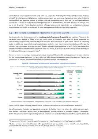 Mission Culture – Acte II Fiche B-2
220
destruction de valeur. Les abonnements sont, selon eux, un pis-aller destiné à pallier l’incapacité à créer des modèles
attractifs de téléchargement à l’acte ; ces modèles peuvent avoir une pertinence s’agissant de biens culturels dont la
consommation est répétitive, comme la musique, mais ne conviennent pas au livre, que l’on ne lit généralement
qu’une fois. En outre, ils soulèvent des interrogations quant au mode de calcul des droits d’auteur, en principe assis
sur le prix de vente à l’unité. Pourtant, certaines offres par abonnement
5
répondent à une véritable demande des
lecteurs ou des institutions et permettent de créer des modèles de rétribution favorables aux auteurs.
1.2 DES TENSIONS EXACERBÉES PAR L’ÉMERGENCE DES MODÈLES GRATUITS
Les tensions les plus fortes concernent les modèles gratuits financés par la publicité, qui exploitent l’économie de
l’attention dans laquelle la rareté n’est plus dans l’offre de contenus, mais dans le temps disponible du
consommateur. Ces modèles prennent une place croissante dans la musique en ligne (via les services de streaming
audio ou vidéo), car les producteurs phonographiques, après les avoir vigoureusement combattus, ont fini par s’y
résoudre. La résistance est beaucoup plus forte dans les autres secteurs (audiovisuel et livre) : l’offre gratuite de films
et de fictions télévisuelles en vidéo à la demande reste très limitée, et le marché du livre numérique reste dominé par
le modèle du téléchargement payant à l’acte
6
.
Comme le montre le graphique ci-dessous, la musique, les séries télévisées et la photographie sont les biens culturels
les plus consommés gratuitement. Les livres et les jeux vidéo donnent un peu plus souvent lieu à un acte d’achat. Les
proportions ne sont pas sensiblement modifiées si l’on limite l’analyse aux usages licites.
Figure 16 : Consommation de biens culturels dématérialisés : usages gratuits et payants
Source : HADOPI, « Biens culturels et usages d’Internet : pratiques et perceptions des internautes français », janvier 2013.
Les offres gratuites financées par la publicité permettent de faciliter l’accès à la culture des publics les moins aisés.
Elles peuvent contribuer à la lutte contre le téléchargement illicite et convertir de nouveaux usagers à l’offre légale.
Enfin, elles peuvent, selon la logique dite freemium, constituer une porte d’entrée vers des offres payantes dotées de
5
Cf. par exemple l’offre à 95 € par an de la plateforme publie.net : http://www.tierslivre.net/spip/spip.php?article3428
6
Certains services se lancent toutefois dans l’offre gratuite financée par la publicité. Ainsi, sur eBookPlus.com, les publicités,
placées en début de chapitre, prennent la forme de liens, de pages statiques ou de vidéos.
 