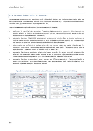 Mission Culture – Acte II Fiche B-7
282
1.5.3 LA PROPOSITION ALTERNATIVE DES INDUSTRIELS
Les fabricants et importateurs ont fait réaliser par le cabinet Eight Advisory une évaluation du préjudice selon une
méthode alternative. Cette évaluation, discutée par la Commission le 12 juillet 2012, concerne uniquement les œuvres
sonores et vidéo, qui représentent la majeure partie de la RCP.
Les principaux éléments de la méthode de calcul proposée sont les suivants :
estimation du marché primaire permettant l’acquisition légale des œuvres. Les œuvres doivent pouvoir être
copiées (absence de mesures techniques de protection) et le prix d’acquisition initiale des œuvres ne doit pas
couvrir un certain nombre de copies subsidiaires ;
application d’un taux d’éligibilité à la copie privée sur ce marché primaire. Dans le domaine audiovisuel, le
marché éligible concerne uniquement les films et séries diffusés à la télévision (les DVD sont exclus en raison
des mesures de protection, ainsi que les films projetés dans les salles de cinéma) ;
détermination du coefficient de copiage, c’est-à-dire du nombre moyen de copies effectuées par les
utilisateurs et du marché « secondaire » des œuvres éligibles à la copie privée ; s’agissant du marché vidéo, le
taux de copiage a été estimé à partir de données issues de la PROCIREP ;
application d’un taux de substitution qui permet d’évaluer le nombre des rachats potentiels qui auraient été
effectués si la copie privée n’avait pas été possible. Le taux de substitution a été évalué entre 10% et 30% par
une étude de Tera Consulting de mars 2010 : un taux de 20% a donc été retenu dans l’étude ;
application d’un taux correspondant à la part revenant aux différents ayants droit ; s’agissant de l’audio, ce
taux (25%) a été évalué à partir des données du SNEP ; dans le domaine de la vidéo, il a été estimé à 3,6% sur la
télévision payante et 3,6% pour la télévision gratuite.
Figure 24 : Présentation de la méthode de calcul de l’évaluation du préjudice subi – Etude Eight Advisory
 