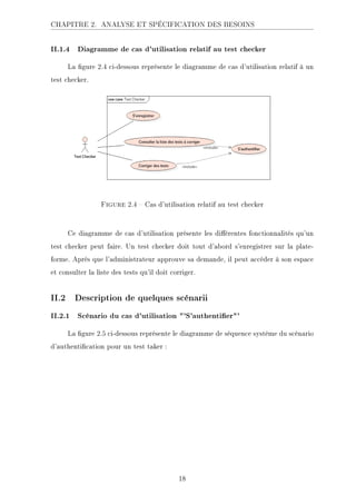 CHAPITRE 2. ANALYSE ET SPÉCIFICATION DES BESOINS
II.1.4 Diagramme de cas d'utilisation relatif au test checker
La gure 2.4 ci-dessous représente le diagramme de cas d'utilisation relatif à un
test checker.
.ECKHA 2.4  Cas d'utilisation relatif au test checker
Ce diagramme de cas d'utilisation présente les diérentes fonctionnalités qu'un
test checker peut faire. Un test checker doit tout d'abord s'enregistrer sur la plate-
forme. Après que l'administrateur approuve sa demande, il peut accéder à son espace
et consulter la liste des tests qu'il doit corriger.
II.2 Description de quelques scénarii
II.2.1 Scénario du cas d'utilisation 'S'authentier'
La gure 2.5 ci-dessous représente le diagramme de séquence système du scénario
d'authentication pour un test taker :
18
 