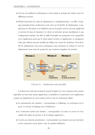 CHAPITRE 3. CONCEPTION
• Procure de meilleures performances, étant donné le partage des tâches entre les
diérents serveurs.
• Réduit fortement les coûts de déploiement et d'administration : en eet, l'avan-
tage principal d'une architecture trois tiers est la facilité de déploiement. L'ap-
plication en elle-même n'est déployée que sur la partie serveur (serveur applicatif
et serveur de base de données). Le client ne nécessite qu'une installation et une
conguration minime. En eet il sut d'installer un navigateur web compatible
avec l'application pour que le client puisse accéder à l'application, ce navigateur
étant par ailleurs souvent installé par défaut sur toutes les machines. Cette faci-
lité de déploiement aura pour conséquence non seulement de réduire le coût de
déploiement mais aussi de permettre une évolution régulière du système.
.ECKHA 3.1  Architecture trois tiers [N5]
L'architecture trois tiers comme le montre la gure 3.1, vise à séparer trois couches
logicielles au sein d'une même application, à modéliser et à présenter cette application
comme un empilement de trois couches dont le rôle est clairement déni :
• La présentation des données : correspondant à l'achage, la restitution sur le
poste de travail, le dialogue avec l'utilisateur ;
• Le traitement métier des données : correspondant à la mise en oeuvre de l'en-
semble des règles de gestion et de la logique applicative ;
• L'accès aux données persistantes : correspondant aux données qui sont destinées
à être conservées sur la durée, voire de manière dénitive.
22
 