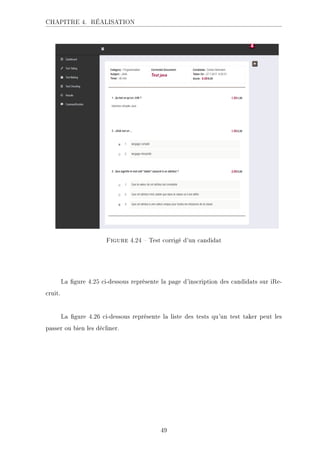 CHAPITRE 4. RÉALISATION
.ECKHA 4.24  Test corrigé d'un candidat
La gure 4.25 ci-dessous représente la page d'inscription des candidats sur iRe-
cruit.
La gure 4.26 ci-dessous représente la liste des tests qu'un test taker peut les
passer ou bien les décliner.
49
 