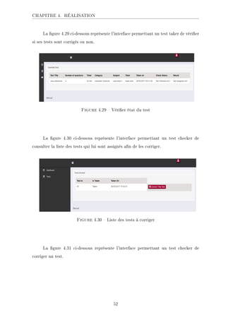 CHAPITRE 4. RÉALISATION
La gure 4.29 ci-dessous représente l'interface permettant un test taker de vérier
si ses tests sont corrigés ou non.
.ECKHA 4.29  Vérier état du test
La gure 4.30 ci-dessous représente l'interface permettant un test checker de
consulter la liste des tests qui lui sont assignés an de les corriger.
.ECKHA 4.30  Liste des tests à corriger
La gure 4.31 ci-dessous représente l'interface permettant un test checker de
corriger un test.
52
 