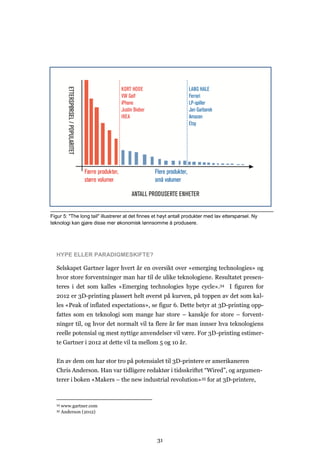 31
HYPE ELLER PARADIGMESKIFTE?
Selskapet Gartner lager hvert år en oversikt over «emerging technologies» og
hvor store forventninger man har til de ulike teknologiene. Resultatet presen-
teres i det som kalles «Emerging technologies hype cycle».34 I figuren for
2012 er 3D-printing plassert helt øverst på kurven, på toppen av det som kal-
les «Peak of inflated expectations», se figur 6. Dette betyr at 3D-printing opp-
fattes som en teknologi som mange har store – kanskje for store – forvent-
ninger til, og hvor det normalt vil ta flere år før man innser hva teknologiens
reelle potensial og mest nyttige anvendelser vil være. For 3D-printing estimer-
te Gartner i 2012 at dette vil ta mellom 5 og 10 år.
En av dem om har stor tro på potensialet til 3D-printere er amerikaneren
Chris Anderson. Han var tidligere redaktør i tidsskriftet “Wired”, og argumen-
terer i boken «Makers – the new industrial revolution»35 for at 3D-printere,
34 www.gartner.com
35 Anderson (2012)
Figur 5: "The long tail" illustrerer at det finnes et høyt antall produkter med lav etterspørsel. Ny
teknologi kan gjøre disse mer økonomisk lønnsomme å produsere.
 