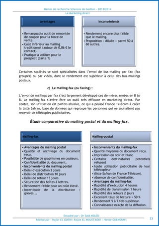 Master de recherche Sciences de Gestion - 2013/2014
Le Marketing direct
Encadré par : Dr Saïd MSASSI
Réalisé par : Hajar EL GUERI| Rajae EL MOUSTAOUI | Hanae GUENOUNI| 33
Certaines sociétés se sont spécialisées dans l’envoi de bus-mailing par fax (fax
groupés) ou par vidéo, dont le rendement est supérieur à celui des bus-mailings
postaux.
c) Le mailing-fax (ou faxing) :
L’envoi de mailings par fax s’est largement développé ces dernières années en B to
B. Le mailing-fax s’avère être un outil très efficace en marketing direct. Par
contre, son utilisation est parfois abusive, ce qui a poussé France Télécom à créer
la Liste Safran, base de données qui regroupe les personnes qui ne souhaitent pas
recevoir de télécopies publicitaires.
Étude comparative du mailing postal et du mailing-fax.
Avantages
• Remarquable outil de remontée
de coupon pour la force de
vente.
• Coût inférieur au mailing
traditionnel (autour de 0,06 € le
contact).
• Pratique à utiliser pour le
prospect (carte T).
Inconvénients
• Rendement encore plus faible
que le mailing.
• Proposition « diluée » parmi 50 à
60 autres.
Mailing-fax
• Avantages du mailing postal
• Qualité et archivage du document
reçu.
• Possibilité de graphismes en couleurs.
• Confidentialité du document.
• Inconvenients du mailing postal
• Délai d’exécution 2 jours
• Délai de distribution 10 jours
• Délai de retour 15 jours
• Saturation des boîtes à lettres.
• Rendement faible pour un coût élevé.
• Incertitude de la distribution :
grèves...
Mailing-postal
• Inconvenients du mailing-fax
• Qualité moyenne du document reçu.
• Impression en noir et blanc.
• Certains destinataires potentiels
refusent
• toute utilisation publicitaire de leur
télécopieur
• (liste Safran de France Télécom).
• Absence de confidentialité.
• Avantages du mailing-fax
• Rapidité d’exécution 4 heures
• Rapidité de transmission 1 heure
• Rapidité des retours 2 jours
• Excellent taux de lecture > 50 %
• Rendement 5 à 7 fois supérieur.
• Connaissance exacte de la diffusion.
 
