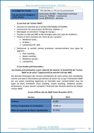 Master de recherche Sciences de Gestion - 2013/2014
Le Marketing direct
Encadré par : Dr Saïd MSASSI
Réalisé par : Hajar EL GUERI| Rajae EL MOUSTAOUI | Hanae GUENOUNI| 58
Le budget de l’action 594 240 DHs (1,17% du CA prévisionnel)
Les personnels désignés à
cette mission
Abdessadak OUARID : Responsable technique
Hamza EL FERRADI : Commercial
Houda BERNOUSSI : Marketer
2) Les buts de l’action SMAP :
 Accroitre la notoriété de la société KOUTOUBIA LITTAAMIR ;
 Contrecarrer les concurrence (Al Omrane, Adohha…) ;
 Développer et entretenir l’image de marque ;
 Toucher la cible des MRE et des étrangers dans leur pays de résidence ;
 Vendre et faire connaitre les biens de ses 3 projets :
 Résidence Galia ;
 Al Mana ;
 Lotissement Bir Jdid.
 Positionner la société comme promoteur commercialisant tous types de
segment :
 Haut standing ;
 Moyen standing ;
 Résidence sociale ;
 Lotissement.
3) Les études prévisionnelles :
Les études prévisionnelles a pour objectif de mesurer la faisabilité de l’action
SMAP et de saisir l’opportunité du marché visé des MRE.
Les données historiques des versions précédentes de cette action sont considérées
comme une base d’informations permettant de savoir est ce que l’événement SMAP
est une action marketing opportune et favorable pour commercialiser tous les
types de biens immobilier (haut standing, moyen standing, résidence sociale,
lotissement), et pour pouvoir comparer l’évolution des résultats obtenus de chaque
version SMAP.
a) Les chiffres clés du SMAP Immo Bruxelles 2012 :
Version 2012
Visiteurs 47 000
Surface d’exposition et d’animation 18 000 m²
Villes du royaume du Maroc représentées 36 Villes
 
