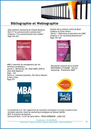 Master de recherche Sciences de Gestion - 2013/2014
Le Marketing direct
Encadré par : Dr Saïd MSASSI
Réalisé par : Hajar EL GUERI| Rajae EL MOUSTAOUI | Hanae GUENOUNI| 72
Bibliographie et Webiographie
Aide mémoire marketing de Claude Demeure
Parti 9 “la communication commerciale”
Chapitre 4 “La communication hors média”
Page 324-325
MBA L’essentiel du management par les
meilleurs professeurs
partie 4 : Marketing, Par JEAN-MARC LEHU &
Jean-Noël Kapferer
Page : 163
Partie 6 : Commercialisation, Par Pierre Desmet
& Marc Filser
Page 277
Gestion de la relation client de René
Lefébure & Gilles Ventur
Partie 1 “Définition et périmètre du CRM”
Chapitre 5 “Le marketing Relationnel”
Page 155-156
Documents internes de la société
KOUTOUBIA LITTAAMIR - Service
marketing – Événement SMAP
Le marketing 2.0 : De l’apparition de nouvelles techniques à la mise en place d’une
véritable nouvelle vision du marketing stratégique de Samuel MAYOL
MCF en Sciences de Gestion;
Université Paris -13 IUT de Saint-Denis - PRISM SORBONNE - LARA/ICD
 
