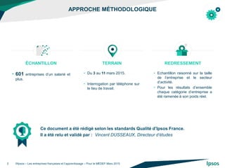 APPROCHE MÉTHODOLOGIQUE
©Ipsos – Les entreprises françaises et l’apprentissage – Pour le MEDEF Mars 20152
ÉCHANTILLON
• 60...