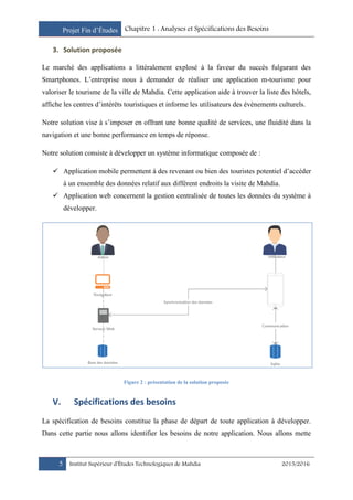 Projet Fin d’Études Chapitre 1 : Analyses et Spécifications des Besoins
5 Institut Supérieur d’Études Technologiques de Mahdia 2015/2016
3. Solution proposée
Le marché des applications a littéralement explosé à la faveur du succès fulgurant des
Smartphones. L’entreprise nous à demander de réaliser une application m-tourisme pour
valoriser le tourisme de la ville de Mahdia. Cette application aide à trouver la liste des hôtels,
affiche les centres d’intérêts touristiques et informe les utilisateurs des évènements culturels.
Notre solution vise à s’imposer en offrant une bonne qualité de services, une fluidité dans la
navigation et une bonne performance en temps de réponse.
Notre solution consiste à développer un système informatique composée de :
 Application mobile permettent à des revenant ou bien des touristes potentiel d’accéder
à un ensemble des données relatif aux diffèrent endroits la visite de Mahdia.
 Application web concernent la gestion centralisée de toutes les données du système à
développer.
Figure 2 : présentation de la solution proposée
V. Spécifications des besoins
La spécification de besoins constitue la phase de départ de toute application à développer.
Dans cette partie nous allons identifier les besoins de notre application. Nous allons mette
 