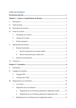 Table des matières
Introduction générale............................................................................................................... 1
Chapitre 1 : Analyses et Spécifications des Besoins.............................................................. 2
I. Introduction....................................................................................................................... 3
II. Cadre du projet.................................................................................................................. 3
III. Présentation de la société.................................................................................................. 3
IV. Étude de l’existant ............................................................................................................ 3
1. Description de l’existant.......................................................................................... 3
2. Critique de l’existant ............................................................................................... 4
3. Solution proposée.................................................................................................... 5
V. Spécifications des besoins ................................................................................................ 5
1. Besoins fonctionnels................................................................................................ 6
a. Besoin fonctionnels pour la partie mobile ..................................................... 6
b. Besoin fonctionnels pour la partie web.......................................................... 6
2. Besoins non fonctionnels......................................................................................... 6
VI. Conclusion ........................................................................................................................ 7
Chapitre 2 : Conception........................................................................................................... 8
I. Introduction....................................................................................................................... 9
II. Langage de conception ..................................................................................................... 9
1. Langage UML ......................................................................................................... 9
2. Utilisation de l’UML............................................................................................. 10
III. Diagramme de cas d’utilisation ...................................................................................... 10
1. Les Acteurs............................................................................................................ 10
2. Diagramme de cas d’utilisation............................................................................. 11
a. Diagramme de cas d’utilisation global pour l’application mobile............... 12
b. Diagramme de cas d’utilisation global pour l’application web ................... 13
3. Raffinement de cas d’utilisation pour l’application mobile .................................. 14
 