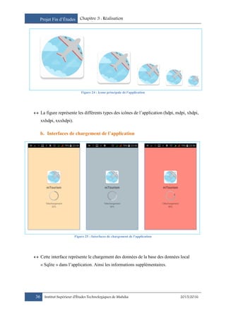 Projet Fin d’Études Chapitre 3 : Réalisation
36 Institut Supérieur d’Études Technologiques de Mahdia 2015/2016
Figure 24 : Icone principale de l'application
 La figure représente les différents types des icônes de l’application (hdpi, mdpi, xhdpi,
xxhdpi, xxxhdpi).
b. Interfaces de chargement de l’application
Figure 25 : Interfaces de chargement de l'application
 Cette interface représente le chargement des données de la base des données local
« Sqlite » dans l’application. Ainsi les informations supplémentaires.
 