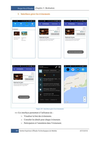 Projet Fin d’Études Chapitre 3 : Réalisation
40 Institut Supérieur d’Études Technologiques de Mahdia 2015/2016
f. Interfaces gérer les événements
Figure 29 : Interfaces gérer les événements
 Ces interfaces permettent à l’utilisateur de :
o Visualiser la liste des événements.
o Consulter les détails pour chaque événement.
o Participation et l’annulation dans l’événement.
 