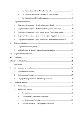 a. Cas d’utilisation raffiné « Visualiser les cafés ».......................................... 14
b. Cas d’utilisation raffiné « Visualiser les événements »............................... 15
c. Cas d’utilisation raffiné « gérer parcours ».................................................. 16
IV. Diagramme de séquence ................................................................................................. 17
1. Diagramme de séquence « Synchronisation des données » .................................. 17
2. Diagramme de séquence « Authentification » pour la partie web......................... 18
3. Diagramme de séquence « gérer endroit » pour l’application mobile................... 19
4. Diagramme de séquence « gérer parcours » pour l’application mobile................ 20
5. Diagramme de séquence « gérer événement » pour l’application mobile............. 21
V. Diagramme de classe ...................................................................................................... 21
1. Diagramme de classe global.................................................................................. 22
2. Modèle logique de données liée au diagramme de classe ..................................... 23
VI. Diagramme de composants............................................................................................. 23
VII. Conclusion ...................................................................................................................... 24
Chapitre 3 : Réalisation ......................................................................................................... 25
I. Introduction..................................................................................................................... 26
II. Environnement de travail................................................................................................ 26
1. Environnement matériel ........................................................................................ 26
2. Environnement logiciel ......................................................................................... 27
3. Langage de programmation et technologies utilisés ............................................. 28
III. Plateforme Android......................................................................................................... 30
1. Historique .............................................................................................................. 30
2. Architecture Android............................................................................................. 30
a. Application................................................................................................... 30
b. Le Framework (Application Framework).................................................... 31
c. Les bibliothèques (Libraires) ....................................................................... 31
d. Moteur d’exécution Android (Android Runtime)........................................ 31
 