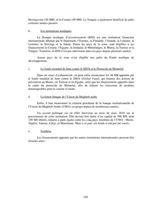 Herzégovine (50 M€ et la Croatie (50 M€ La Turquie a également bénéficié de prêts
                     ),                ).
certaines années passées.

b.        Les institutions nordiques

        La Banque nordique d’investissement (BNI) est une institution financière
internationale détenue par le Danemark, l’Estonie, la Finlande, l’Islande, la Lituanie, la
Lettonie, la Norvège et la Suède. Parmi les pays de la zone, sont éligibles à ses
financements la Croatie, l’Egypte, la Jordanie, le Monténégro, le Maroc, la Tunisie et la
Turquie. Toutefois, la BNI n’est pas intervenue dans ces pays depuis plusieurs années.

       Aucun pays de la zone n’est éligible aux prêts du Fonds nordique de
développement.

c.        Le fonds mondial de lutte contre le SIDA et le Protocole de Montréal

       Dans un souci d’exhaustivité, on peut enfin mentionner les 48 M€ apportés par
le fonds mondial de lutte contre le SIDA (Global Fund), qui finance des actions de
prévention au Maroc, en Tunisie et en Egypte, ainsi que les financements apportés dans
le cadre du protocole de Montréal, afin de réduire les émissions de produits
dommageables pour la couche d’ozone.

d.        La future banque de l’Union du Maghreb arabe

       Enfin, il faut mentionner la création prochaine de la banque institutionnelle de
l’Union du Maghreb Arabe (UMA), en projet depuis de nombreuses années.

       Un accord politique est en effet intervenu au mois de mars 2010 sur la
gouvernance de cette institution. Elle devrait être dotée d’un capital de 500 M$, dont
150 M$ libérés, répartis à parts égales entre les cinq pays membres de l’UMA : Maroc,
Algérie, Tunisie, Libye, et Mauritanie. Mais à ce jour, ces fonds n’ont pas été versés.

e.        Synthèse

      Les financements apportés par les autres institutions internationales peuvent être
résumés ainsi :




                                              150
 