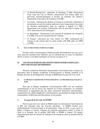    en Bosnie-Herzégovine : opérations de déminage (2 M€ financement
                                                                  ),
             d’une route des vins en Neretva, financement d’un bureau dédié aux
             prévisions macroéconomiques et fiscales au ministère des finances,
             financement d’une police des frontières (2,8 M€ ;
                                                            )
            en Croatie : traitement des déchets en Croatie et en Slovénie, formation et
             recrutements au sein du système judiciaire croate, financement d’un centre
             de rétention administrative pour les migrants à Zagreb (1,1 M€           ),
             financement d’un système d’information afin de surveiller la fraude à la
             TVA, rénovation de sites historiques ;
            au Monténégro : financement d’une autorité de régulation des transports
             (1,2 M€ d’un service de protection de l’enfance ;
                    ),
            en Turquie : rénovation des voies ferrées (4,7 M€ scolarisation des
                                                               ),
             femmes ou des enfants dans les zones rurales (100 M€ prêts aux PME
                                                                  ),
             (15 M€).

C.       LES AUTRES FONDS COMMUNAUTAIRES

        D’autres fonds communautaires bénéficient plus ponctuellement aux pays de la
zone, pour des montants bien inférieurs, qui ne remettent pas en cause les équilibres
décrits ci-dessus. Leur détail analytique est renvoyé en annexe n° 4.


II.    LES FINANCEMENTS DES INSTITUTIONS INTERNATIONALES :
      DES STRATEGIES DIVERSIFIEES


       Plusieurs institutions financières internationales interviennent dans la région, les
principales étant la Banque européenne d’investissement, la Banque mondiale et la
Banque africaine de développement, ainsi que la BERD pour les pays de la rive nord.

A.       LA BANQUE EUROPEENNE D’INVESTISSEMENT : LE PREMIER BAILLEUR DE LA
         ZONE


        Bien que la Banque européenne d’investissement (BEI) soit une institution
communautaire et soit au service des objectifs de l’Union européenne, ses modalités
d’intervention la rapprochent plus des autres institutions financières internationales :
contrairement aux crédits budgétaires communautaires, qui abondent le budget des Etats
récipiendaires, la BEI intervient directement sur des projets.

1.       Les pays de la rive sud : la FEMIP

       Pour les pays de la rive sud de la Méditerranée, les instruments d’intervention de
la BEI sont regroupés dans une structure spécifique : la FEMIP (facilité euro-
méditerranéenne d’investissement et de partenariat), créée en 2002, et qui couvre le
Maroc, l’Algérie, la Tunisie, l’Egypte, les territoires palestiniens, Israël, le Liban, la
Syrie et la Jordanie. Sur la période 2002-2008, la FEMIP a financé 125 projets,
majoritairement dans les secteurs de l’énergie et des transports, pour un montant total de
8,5 Md€:

                                               19
 