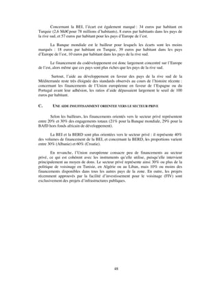 Concernant la BEI, l’écart est également marqué : 34 euros par habitant en
Turquie (2,6 Md€ pour 78 millions d’habitants), 8 euros par habitants dans les pays de
la rive sud, et 57 euros par habitant pour les pays d’Europe de l’est.

      La Banque mondiale est le bailleur pour lesquels les écarts sont les moins
marqués : 18 euros par habitant en Turquie, 39 euros par habitant dans les pays
d’Europe de l’est, 10 euros par habitant dans les pays de la rive sud.

        Le financement du codéveloppement est donc largement concentré sur l’Europe
de l’est, alors même que ces pays sont plus riches que les pays de la rive sud.

        Surtout, l’aide au développement en faveur des pays de la rive sud de la
Méditerranée reste très éloignée des standards observés au cours de l’histoire récente :
concernant les financements de l’Union européenne en faveur de l’Espagne ou du
Portugal avant leur adhésion, les ratios d’aide dépassaient largement le seuil de 100
euros par habitant.

C.      UNE AIDE INSUFFISAMMENT ORIENTEE VERS LE SECTEUR PRIVE

       Selon les bailleurs, les financements orientés vers le secteur privé représentent
entre 20% et 30% des engagements totaux (21% pour la Banque mondiale, 29% pour la
BAfD hors fonds africain de développement).

       La BEI et la BERD sont plus orientées vers le secteur privé : il représente 40%
des volumes de financement de la BEI, et concernant la BERD, les proportions varient
entre 30% (Albanie) et 60% (Croatie).

        En revanche, l’Union européenne consacre peu de financements au secteur
privé, ce qui est cohérent avec les instruments qu’elle utilise, puisqu’elle intervient
principalement au moyen de dons. Le secteur privé représente ainsi 30% ou plus de la
politique de voisinage en Tunisie, en Algérie ou au Liban, mais 10% ou moins des
financements disponibles dans tous les autres pays de la zone. En outre, les projets
récemment approuvés par la facilité d’investissement pour le voisinage (FIV) sont
exclusivement des projets d’infrastructures publiques.




                                              48
 