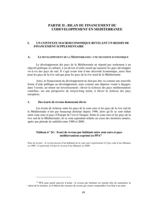 PARTIE II : BILAN DU FINANCEMENT DU
                       CODEVELOPPEMENT EN MEDITERRANEE


I.      UN CONTEXTE MACROECONOMIQUE REVELANT UN BESOIN DE
      FINANCEMENT SUPPLEMENTAIRE


A.        LE DEVELOPPEMENT DE LA MEDITERRANEE : UNE NECESSITE ECONOMIQUE

        Le développement des pays de la Méditerranée ne répond pas seulement à un
objectif politique et culturel, à un devoir d’ordre moral qu’auraient les pays développés
vis-à-vis des pays du sud. Il s’agit avant tout d’une nécessité économique, aussi bien
pour les pays de la rive sud que pour les pays de la rive nord de la Méditerranée.

       Ainsi, le financement du développement ne doit pas être vu comme une nouvelle
forme d’aide publique au développement, mais comme une dépense visant à dégager,
dans l’avenir, un retour sur investissement : élever la richesse des pays méditerranéens
contribue, sur une perspective de moyen-long terme, à élever la richesse des pays
européens.

1.        Des écarts de revenu demeurant élevés

       Les écarts de richesse entre les pays de la zone euro et les pays de la rive sud de
la Méditerranée n’ont pas beaucoup diminué depuis 1990, alors qu’ils se sont réduit
entre zone euro et pays d’Europe de l’est et Turquie. Entre la zone euro et les pays de la
rive sud de la Méditerranée, ils se sont cependant réduits au cours des dernières années,
après une période de stabilité entre 1990 et 2000.


        Tableau n° 24 : Ecart de revenu par habitant entre zone euro et pays
                          méditerranéens exprimé en PPA14

Note de lecture : le revenu moyen d’un habitant de la zone euro représentait 6,3 fois celui d’un Albanais
en 1990 ; il représente 4,4 fois le revenu d’un Albanais en 2008.




         14
            PPA pour parité pouvoir d’achat : le revenu par habitant est retraité afin de neutraliser la
valeur de la monnaie, et d’obtenir des mesures de revenu qui soient comparables d’un Etat à un autre.

                                                       49
 