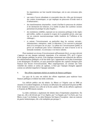 les importations sur leur marché domestique, ont eu une croissance plus
             limitée ;
            une main d’œuvre abondante et concentrée dans des villes qui deviennent
             des centres économiques, ce qui implique un processus d’exode rural et
             d’urbanisation ;
            des transformations structurelles, visant à faciliter le processus de création
             et de destruction de richesses, et à mettre en place des systèmes sociaux
             permettant de protéger les plus fragiles ;
            des institutions crédibles, reposant sur un consensus politique et des règles
             prévisibles, stables et assurant le respect de la propriété privée, ainsi que
             sur un contexte macroéconomique stable (maîtrise de l’inflation et du
             chômage) ;
            et surtout, l’investissement, en particulier dans les secteurs suivants :
             infrastructures, entreprises, santé, et éducation. C’est souvent le principal
             frein à la croissance de ces pays : le rythme de l’investissement (public et
             privé) est insuffisant pour suivre l’abondance de main d’œuvre et de la
             demande mondiale ; la croissance s’en trouve ralentie.
        Pour maintenir un niveau d’investissement suffisamment élevé, ces pays doivent
s’appuyer sur une épargne nationale importante, d’au minimum 25%, qu’il s’agisse
d’une épargne publique ou privée. Cela implique notamment une réduction des déficits
des administrations publiques et de leur dette (qui s’apparentent sur le plan économique
à une désépargne). En théorie, ces pays pourraient importer des capitaux étrangers pour
financer leur besoin d’investissements. Mais empiriquement, on constate une forte
volatilité des entrées et sorties de capitaux, si bien que l’épargne étrangère apparaît
comme un substitut imparfait à l’épargne nationale.

b.        Des efforts importants réalisés en matière de finances publiques

       Les pays de la zone ont réalisé des efforts importants pour maîtriser leurs
finances publiques et réduire leur dette extérieure.

        Les déficits publics ont été réduits. Le Maroc et l’Algérie sont en 2008 en
situation d’excédent budgétaire, la Tunisie est déficitaire de seulement 0,8 point de PIB.
Cette situation contraste avec celle de la fin des années 1980, où des déficits supérieurs
à 10 points de PIB étaient courants.

       La dette extérieure a également été réduite dans d’importantes proportions. En
vingt ans, elle a été divisée par 13 en Algérie, par 7 en Egypte, par 5 en Syrie, par 4 au
Maroc et par 3 en Jordanie. La dette libanaise fait figure d’exception : dans un contexte
de guerre ininterrompue, elle a été multipliée par presque 3.




                                               54
 