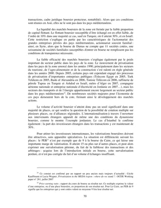 transactions, cadre juridique boursier protecteur, rentabilité). Alors que ces conditions
sont réunies en Asie, elles ne le sont pas dans les pays méditerranéens.

        La liquidité des marchés boursiers de la zone est freinée par la faible proportion
de capital flottant. Le flottant boursier susceptible d’être échangé est en effet faible, de
l’ordre de 10% dans une majorité ce cas, sauf en Turquie, où il atteint 30%, et en Israël.
Cette restriction s’explique en partie par les caractéristiques de l'actionnariat des
grandes entreprises privées des pays méditerranéens, actionnariat souvent familial :
ainsi, en Syrie, alors que la bourse de Damas ne compte que 11 sociétés cotées, une
soixantaine de sociétés familiales susceptibles d'entrer en bourse ne remplissent pas les
conditions de transparence nécessaire.

       La faible efficacité des marchés boursiers s’explique également par le poids
important du secteur public dans les pays de la zone. Le mouvement de privatisation
dans les pays de la zone amorcé dans les années 1990, principalement dans les secteurs
du tourisme, de l’agro-alimentaire et de la construction s’est ralenti en règle générale
dans les années 2000. Depuis 2005, certains pays ont cependant engagé des processus
de privatisation d’importantes entreprises publiques (Telecom Egypt en 2005, Turk
Telekom en 2005, Bank of Alexandria en 2006, Tunisie Télécom en 2006, raffinerie de
pétrole Tupras en Turquie et Ashdod en Israël, métro d’Alger en 2007, compagnie
aérienne nationale et entreprise nationale d’électricité en Jordanie en 2007…), mais les
secteurs des transports et de l’énergie appartiennent encore largement au secteur public
dans les pays méditerranéens24. De nombreuses sociétés majeures pour l’économie de
ces pays demeurent hors de la cote, freinant ainsi le développement des marchés
actions.

       Le volume d’activité boursier n’atteint donc pas un seuil significatif dans une
majorité de places, ce qui soulève la question de la possibilité de cotation multiple sur
plusieurs places, ou d’alliances régionales. L’internationalisation à travers l’ouverture
aux intervenants étrangers apparaît de même une des conditions du dynamisme
boursier, comme le montre l’exemple jordanien. Le cas d’Istanbul le confirme
également : la part des investisseurs étrangers dans les transactions y est maintenant de
30%.

        Pour attirer les investisseurs internationaux, les valorisations boursières doivent
être attractives, sans apparaître spéculatives. La situation est différenciée suivant les
places : le PER25 n’est par exemple que de 9 à la bourse du Caire, ce qui laisse une
importante marge de valorisation. Il atteint 15 ou plus sur d’autres places, et peut alors
exprimer une survalorisation pérenne, du fait de la faiblesse des transactions et des
arbitrages : acquise lors de l’introduction initiale en bourse, cette survalorisation
perdure, et n’est pas corrigée du fait d’un volume d’échanges insuffisant.




        24
           Ce constat est confirmé par un rapport un peu ancien mais toujours d’actualité : Cécile
Kauffmann et Lucia Wegner, Privatisation in the MEDA region : where do we stand ? : OCDE Working
paper n° 261, juillet 2007
        25
            Price earning ratio : rapport du cours de bourse au résultat net. Ce multiple exprime la valeur
d’une entreprise, ou d’une place boursière, en proportion de son résultat net. Pour Le Caire, un PER de 9
signifie que les entreprises qui y sont cotées valent en moyenne 9 fois leur résultat net.

                                                        70
 