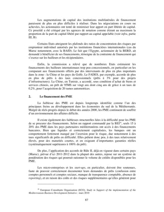 Les augmentations de capital des institutions multilatérales de financement
paraissent de plus en plus difficiles à réaliser. Dans les négociations en cours ou
achevées, les actionnaires ont tenté de minimiser leur apport en part libérée de capital.
Ce procédé a été critiqué par les agences de notation comme étirant au maximum la
proportion de la part de capital libéré par rapport au capital appelable (voir infra, partie
III, B).

       Certains Etats atteignent les plafonds des ratios de concentration des risques par
emprunteur individuel autorisés par les institutions financières internationales (cas du
Maroc notamment, avec la BAfD). Le fait que l’Egypte, actionnaire de la BERD, ait
demandé à bénéficier de ses financements, témoigne de la contrainte de financement qui
s’exerce sur les bailleurs et les récipiendaires.

        Enfin, la commission a relevé que de nombreux Etats estimaient les
financements des bailleurs internationaux trop peu concessionnels, en particulier en les
comparant aux financements offerts par des intervenants de plus en plus importants
dans la zone : la Chine et les pays du Golfe. Le FADES, par exemple, accorde de plus
en plus de prêts à des taux concessionnels (prêts à 3% pour des projets
d’infrastructures). La Chine, en Tunisie, a accordé, sous condition d’achat de biens et
services chinois, un prêt de 95M$ sur vingt ans dont cinq ans de grâce à un taux de
0,2%, pour l’acquisition de 20 rames automotrices.

2.        Le financement des PME

       La faiblesse des PME est depuis longtemps identifiée comme l’un des
principaux freins au développement dans les économies du sud de la Méditerranée.
Malgré de réels progrès depuis le début des années 2000, les PME continuent de souffrir
d’un environnement des affaires difficile.

       Il existe également des faiblesses structurelles liées à la difficulté pour les PME
de se procurer des financements. Selon un rapport commandé par la BEI36, seuls 15 à
20% des PME dans les pays partenaires méditerranéens ont accès à des financements
bancaires. Bien que liquides et correctement capitalisées, les banques ont un
comportement fortement marqué par l’aversion pour le risque, due notamment à des
taux significatifs de prêts en difficulté. Elles prêtent donc peu, à des taux relativement
élevés, pour des maturités courtes, et en exigeant d’importantes garanties réelles
(systématiquement supérieures à 100% du prêt).

      De plus, l’application des accords de Bâle II, déjà en vigueur dans certains pays
(Maroc), prévue d’ici 2011-2012 dans la plupart des autres, repose sur un système de
pondération des risques qui pourrait rationner le volume de crédits disponibles pour les
PME.

       Les micro-entreprises et les start-ups, en particulier, doivent être soutenues,
faute de pouvoir correctement documenter leurs demandes de prêts (confusion entre
comptes personnels et comptes sociaux, manque de transparence comptable, absence de
reporting), et en raison des coûts et des risques supplémentaires qu’elles génèrent pour


        36
           European Consultants Organisation (ECO), Study in Support of the implementation of the
Mediterranean Business Development Initiative : mars 2010

                                                   87
 