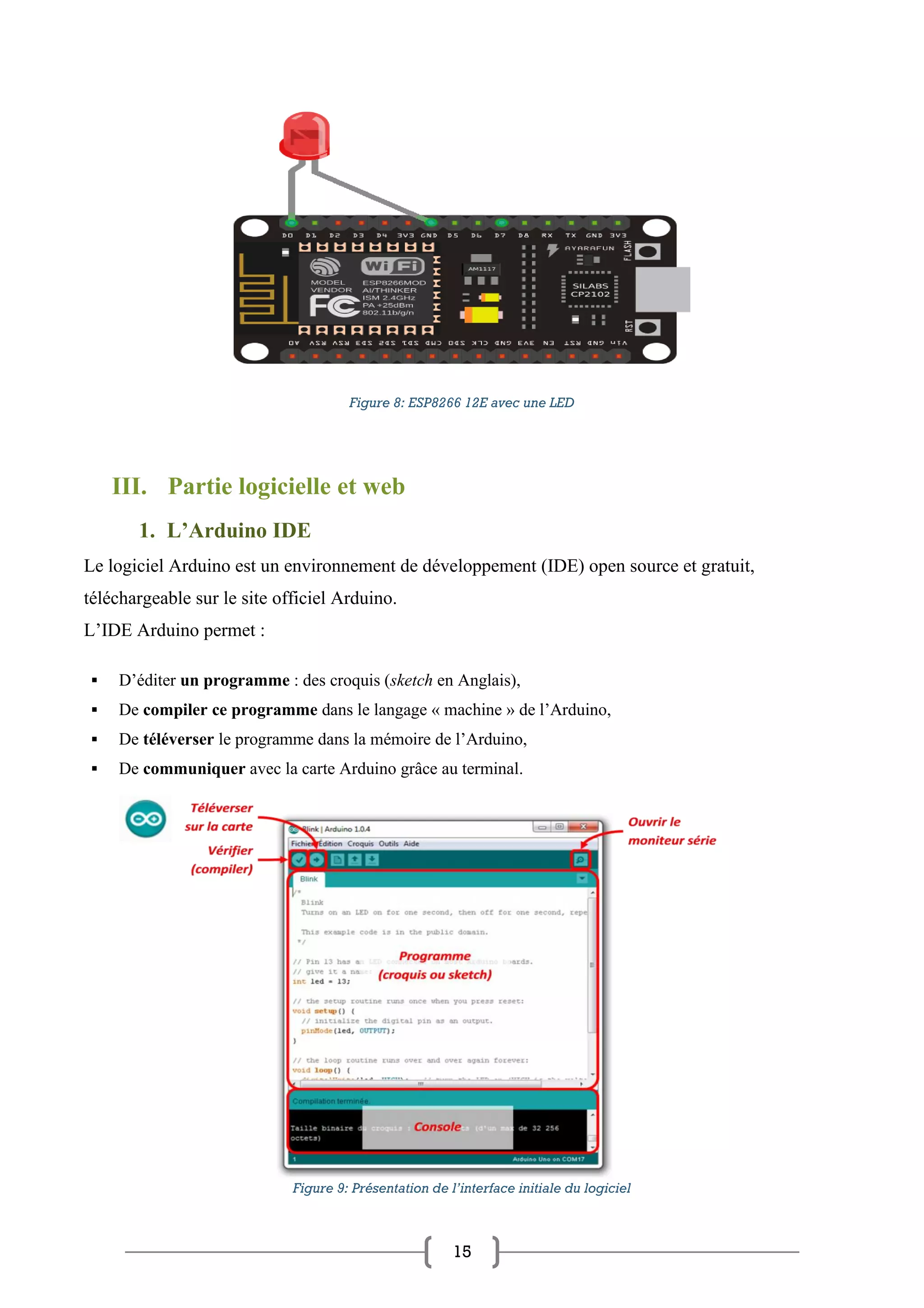 15
Figure 8: ESP8266 12E avec une LED
III. Partie logicielle et web
1. L’Arduino IDE
Le logiciel Arduino est un environnement de développement (IDE) open source et gratuit,
téléchargeable sur le site officiel Arduino.
L’IDE Arduino permet :
▪ D’éditer un programme : des croquis (sketch en Anglais),
▪ De compiler ce programme dans le langage « machine » de l’Arduino,
▪ De téléverser le programme dans la mémoire de l’Arduino,
▪ De communiquer avec la carte Arduino grâce au terminal.
Figure 9: Présentation de l’interface initiale du logiciel
 