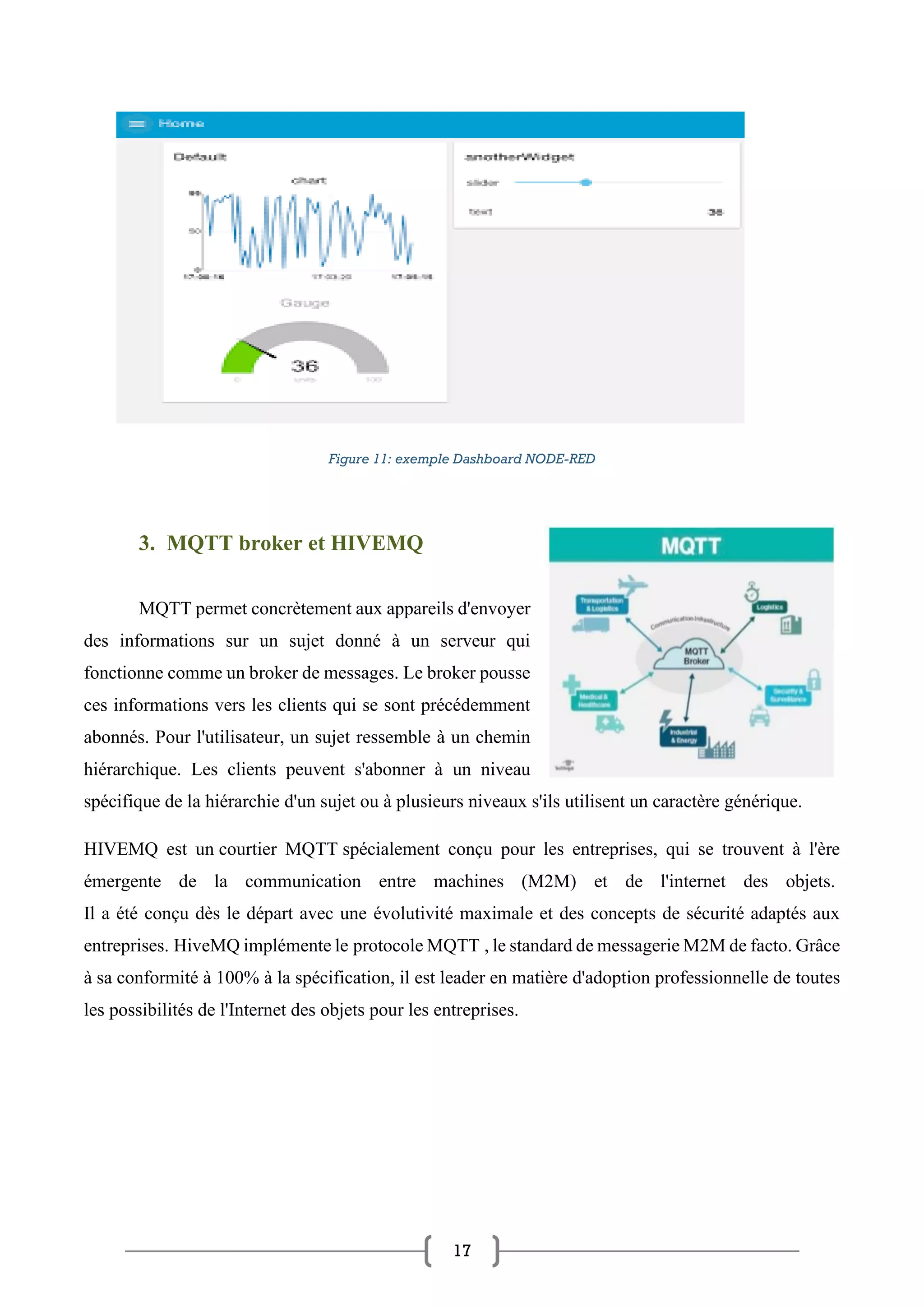 17
Figure 11: exemple Dashboard NODE-RED
3. MQTT broker et HIVEMQ
MQTT permet concrètement aux appareils d'envoyer
des informations sur un sujet donné à un serveur qui
fonctionne comme un broker de messages. Le broker pousse
ces informations vers les clients qui se sont précédemment
abonnés. Pour l'utilisateur, un sujet ressemble à un chemin
hiérarchique. Les clients peuvent s'abonner à un niveau
spécifique de la hiérarchie d'un sujet ou à plusieurs niveaux s'ils utilisent un caractère générique.
HIVEMQ est un courtier MQTT spécialement conçu pour les entreprises, qui se trouvent à l'ère
émergente de la communication entre machines (M2M) et de l'internet des objets.
Il a été conçu dès le départ avec une évolutivité maximale et des concepts de sécurité adaptés aux
entreprises. HiveMQ implémente le protocole MQTT , le standard de messagerie M2M de facto. Grâce
à sa conformité à 100% à la spécification, il est leader en matière d'adoption professionnelle de toutes
les possibilités de l'Internet des objets pour les entreprises.
 