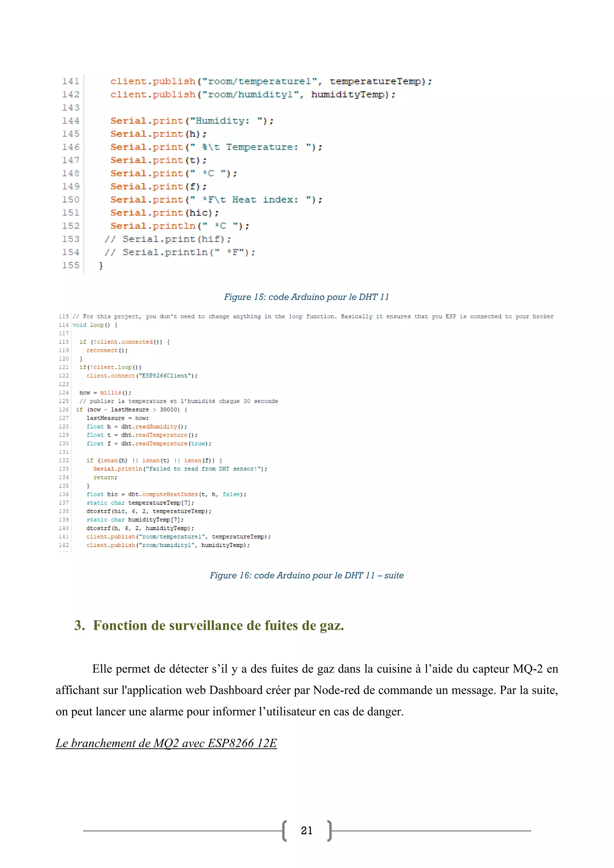 21
Figure 15: code Arduino pour le DHT 11
Figure 16: code Arduino pour le DHT 11 – suite
3. Fonction de surveillance de fuites de gaz.
Elle permet de détecter s’il y a des fuites de gaz dans la cuisine à l’aide du capteur MQ-2 en
affichant sur l'application web Dashboard créer par Node-red de commande un message. Par la suite,
on peut lancer une alarme pour informer l’utilisateur en cas de danger.
Le branchement de MQ2 avec ESP8266 12E
 
