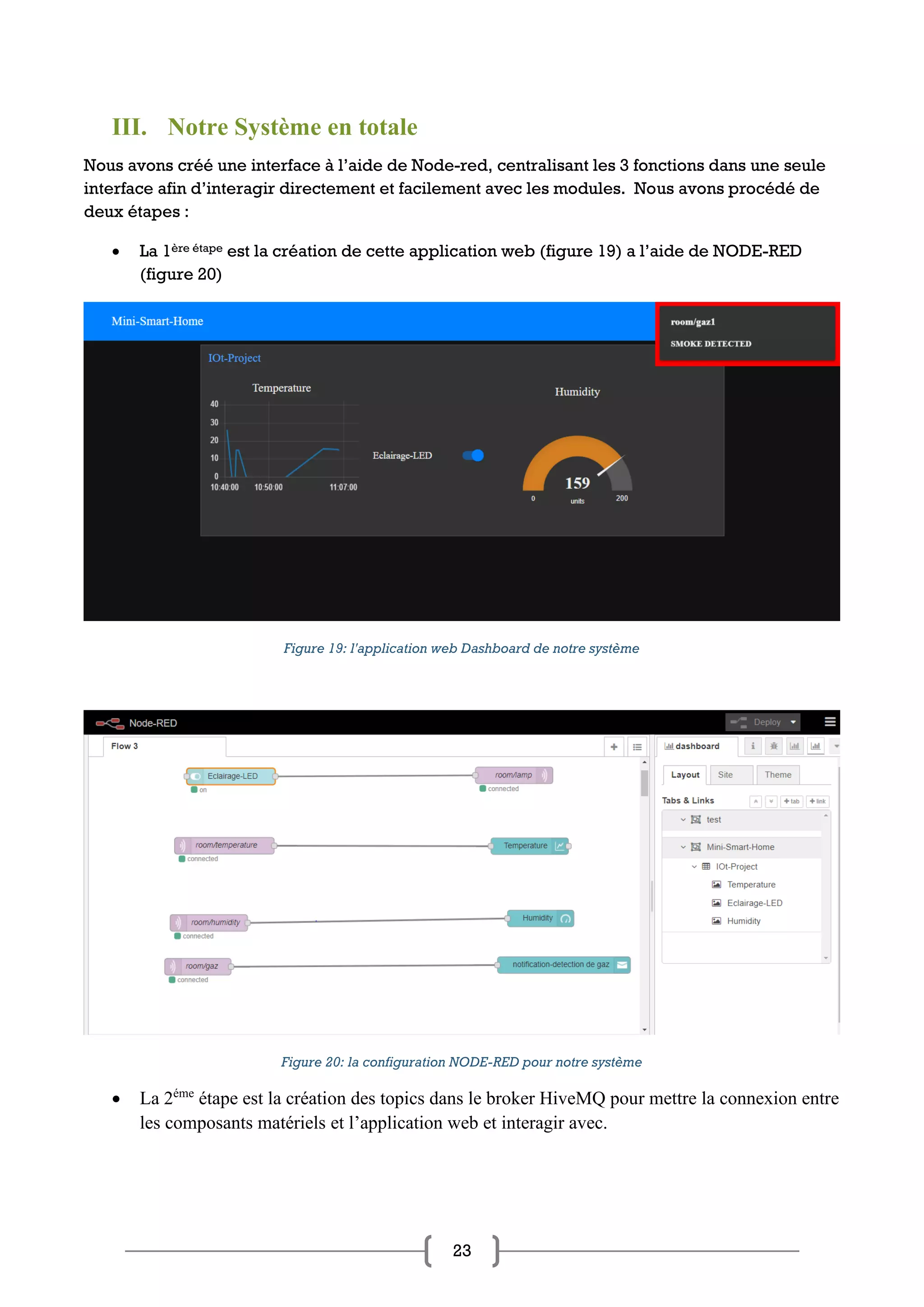 23
III. Notre Système en totale
Nous avons créé une interface à l’aide de Node-red, centralisant les 3 fonctions dans une seule
interface afin d’interagir directement et facilement avec les modules. Nous avons procédé de
deux étapes :
• La 1ère étape est la création de cette application web (figure 19) a l’aide de NODE-RED
(figure 20)
Figure 19: l'application web Dashboard de notre système
Figure 20: la configuration NODE-RED pour notre système
• La 2éme
étape est la création des topics dans le broker HiveMQ pour mettre la connexion entre
les composants matériels et l’application web et interagir avec.
 