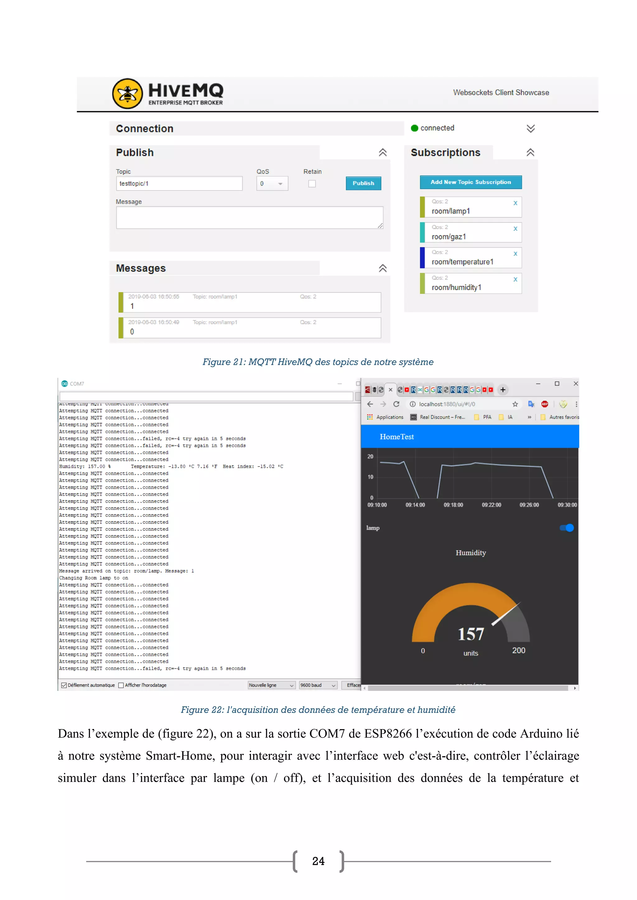 24
Figure 21: MQTT HiveMQ des topics de notre système
Figure 22: l'acquisition des données de température et humidité
Dans l’exemple de (figure 22), on a sur la sortie COM7 de ESP8266 l’exécution de code Arduino lié
à notre système Smart-Home, pour interagir avec l’interface web c'est-à-dire, contrôler l’éclairage
simuler dans l’interface par lampe (on / off), et l’acquisition des données de la température et
 