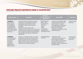 13
PIPELINE PROJETS INSTRUITS DANS LE CLUSTER 2012
Intitulé du projet Description
Entreprise
porteuse du Projet
+ Partenaires
Rôle de MNC Avancement
1. AgriBourse :
Bourse de prix de
produits agricoles
et d’une plateforme
cloud d’applications
cartographiques (SIG
-web & mobile) au proﬁt
des acteurs du secteur d
e l’agriculture
Un projet qui mettra à la disposition des acteurs
institutionnels et interprofessionnels des outils
technologiques d’aide à la décision, ﬁables,
accessibles et souples pour leur assurer une
accessibilité
très large de la part des acteurs ciblés.
Par ailleurs ces outils permettront et d’autre part, une
analyse pertinente des données du secteur agricole et
ce via une approche innovante rendue possible grâce
à des procédés de geomarketing, webmapping et
géolocalisation.
Multimedia Content
Network , MCN :
En partenariat avec :
- Soft Centre
- Alliativ
- Antinno
- ACS. Advanced
Computing Services
- Poste Maroc (en cours)
- Soumission pour labellisation MNC
- Promotion auprès des membres du
comité thématique « Progiciel »
- Accompagnement pour ﬁnancement
dans le cadre des projets eGov et
coopération internationale :
- Projet retenu pour bénéﬁcier du projet
TATWIR 3ème édition)
- Réponse favorable
du call Tatwir
2. AFROVALS:
Outil d’intermédiation
entre équipementier
/constructeur,
intermédiaires
et agences de
réglementation de
télécommunication
Afrovals est une plateforme B2B qui vise à faciliter
la collaboration des agents qui interviennent dans
le cadre du processus de mise en conformité des
produits avant leur mise sur le marché national. La
plateforme permet la réduction des risques de non
conformité et le coût de telles procédures.
–Synaptique Maghreb
–Soft Center
- Prélabellisation MNC
- Promotion auprès des membres du
comité thématique «Progiciels»
- Mise en relation avec des structures
de recherches notamment pour la
modélisation de gestion de risques dans
une plateforme B2B.
- Autoﬁnancement
- Version Beta en
cours de test
 