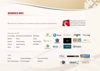 Membres MNC
Ministère de l’industrie du commerce et des nouvelles technologies
Start Ups & TPE
Guru Software	 Multimédia Content Networks	 ADK Média
Netpeas	Alliativ				Ipadian
Isquality	 Tilea Consulting			 Media Mobility
I-Secure	 Sabbar Expertise		 ANT’INNO
Averty		Oxinet				
PME
Involys			 Synaptique Maghreb		 Annour technologies
Maroc Telecommerce	 Dial technologies		 Pubonline
 