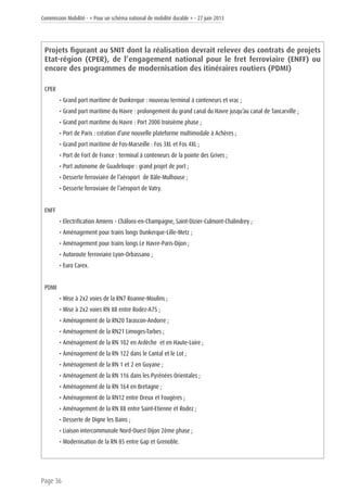 Commission Mobilité - « Pour un schéma national de mobilité durable » - 27 juin 2013
Page 36
Projets figurant au SNIT dont la réalisation devrait relever des contrats de projets
Etat-région (CPER), de l’engagement national pour le fret ferroviaire (ENFF) ou
encore des programmes de modernisation des itinéraires routiers (PDMI)
CPER	
• Grand port maritime de Dunkerque : nouveau terminal à conteneurs et vrac ;
• Grand port maritime du Havre : prolongement du grand canal du Havre jusqu’au canal de Tancarville ;
• Grand port maritime du Havre : Port 2000 troisième phase ;
• Port de Paris : création d’une nouvelle plateforme multimodale à Achères ;
• Grand port maritime de Fos-Marseille : Fos 3XL et Fos 4XL ;
• Port de Fort de France : terminal à conteneurs de la pointe des Grives ;
• Port autonome de Guadeloupe : grand projet de port ;
• Desserte ferroviaire de l’aéroport de Bâle-Mulhouse ;
• Desserte ferroviaire de l’aéroport de Vatry.
ENFF
• Electrification Amiens - Châlons-en-Champagne, Saint-Dizier-Culmont-Chalindrey ;
• Aménagement pour trains longs Dunkerque-Lille-Metz ;
• Aménagement pour trains longs Le Havre-Paris-Dijon ;
• Autoroute ferroviaire Lyon-Orbassano ;
• Euro Carex.
PDMI	
• Mise à 2x2 voies de la RN7 Roanne-Moulins ;
• Mise à 2x2 voies RN 88 entre Rodez-A75 ;
• Aménagement de la RN20 Tarascon-Andorre ;
• Aménagement de la RN21 Limoges-Tarbes ;
• Aménagement de la RN 102 en Ardèche et en Haute-Loire ;
• Aménagement de la RN 122 dans le Cantal et le Lot ;
• Aménagement de la RN 1 et 2 en Guyane ;
• Aménagement de la RN 116 dans les Pyrénées Orientales ;
• Aménagement de la RN 164 en Bretagne ;
• Aménagement de la RN12 entre Dreux et Fougères ;
• Aménagement de la RN 88 entre Saint-Etienne et Rodez ;
• Desserte de Digne les Bains ;
• Liaison intercommunale Nord-Ouest Dijon 2ème phase ;
• Modernisation de la RN 85 entre Gap et Grenoble.
 
