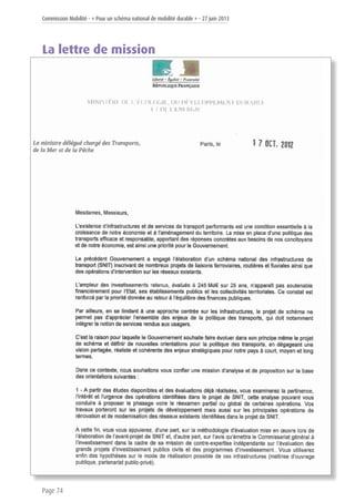 Commission Mobilité - « Pour un schéma national de mobilité durable » - 27 juin 2013
Page 74
La lettre de mission
 