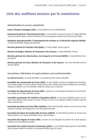 Commission Mobilité - « Pour un schéma national de mobilité durable » - 27 juin 2013
Page 77
Liste des auditions menées par la commission
Administration et services ministériels
• Centre d’Analyse Stratégique (CAS) : M. Emile QUINET et M. Jean BERGOUGNOUX
• Commissariat général à l’Investissement (CGI) : M. Louis GALLOIS, commissaire général, M. Philippe BOUYOUX,
commissaire général adjoint, Sylviane GASTALDO, directrice du programme Evaluation des Investissements Publics
• Délégation interministérielle à l’aménagement du territoire et à l’attractivité régionale (DATAR) :
M. Emmanuel BERTHIER, délégué interministériel
• Direction générale de l’Aviation civile (DGAC) : M. Patrick GANDIL, directeur général
• Direction du Budget, Ministère de l’Economie et des Finances : M. Julien DUBERTRET, directeur
• Direction générale des infrastructures, des transports et de la mer (DGITM) : M. Daniel BURSAUX, direc-
teur général
• Direction générale du Trésor, Ministère de l’Economie et des Finances : Mme Claire WAYSAND, directrice
générale adjointe
Associations, fédérations et représentations socio-professionnelles
• Les Amis de la Terre : M. Claude BASCOMPTE, vice-président et Mme Catherine MOLLIERE
• Assemblée des communautés de France (AdCF) : M. Rémi PAUVROS, président de l’Agglomération Maubeuge-
Val de Sambre (AMVS), M. Nicolas PORTIER, délégué général, Olivier CREPIN, responsable Développement économique,
Transports et Mobilités, et M. Atte OKSANEN, chargé des relations avec le Parlement
• Assemblée des départements de France (ADF) : rencontre avec une délégation de présidents de conseils géné-
raux conduite par M. Claudy LEBRETON, président
• Assemblée permanente des chambres d’agriculture (APCA) : M. Jean-Louis CAZAUBON, premier vice-pré-
sident, Mme Nathalie GALIRI, chargée de mission Territoires et Forêts, et M. Guillaume BAUGIN, conseiller chargé des
affaires parlementaires
• Association des Maires de France Ville et Banlieue : Mme Chantal DUCHENE, adjointe au maire d’Ivry sur Seine,
chargée de l’Ecologie, du Développement et de l’Aménagement Durable
• Association des Maires de Grandes Villes de France (AMGVF) : M. Michel DESTOT, président, M. Christian LALU,
directeur général, et M. Emmanuel HEYRAUD, directeur général adjoint
• Association des Régions de France (ARF) : rencontre avec une délégation de présidents de conseils régionaux
conduite par M. Alain ROUSSET, président
• Association des sociétés françaises d’autoroutes (ASFA) : M. Jean MESQUI, délégué général, M. Alain BROTO,
directeur général adjoint de Cofiroute et M. Christophe BOUTIN, chargé de mission
 