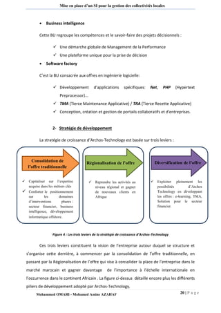 20 | P a g e 
Mohammed OMARI - Mohamed Amine AZAHAF 
Mise en place d’un SI pour la gestion des collectivités locales 
 Business intelligence 
Cette BU regroupe les compétences et le savoir-faire des projets décisionnels : 
 Une démarche globale de Management de la Performance 
 Une plateforme unique pour la prise de décision 
 Software factory 
C’est la BU consacrée aux offres en ingénierie logicielle: 
 Développement d'applications spécifiques: Net, PHP (Hypertext Preprocessor)... 
 TMA (Tierce Maintenance Applicative) / TRA (Tierce Recette Applicative) 
 Conception, création et gestion de portails collaboratifs et d'entreprises. 
2- Stratégie de développement 
La stratégie de croissance d’Archos-Technology est basée sur trois leviers : 
Figure 4 : Les trois leviers de la stratégie de croissance d’Archos-Technology 
Ces trois leviers constituent la vision de l’entreprise autour duquel se structure et s’organise cette dernière, à commencer par la consolidation de l’offre traditionnelle, en passant par la Régionalisation de l’offre qui vise à consolider la place de l’entreprise dans le marché marocain et gagner davantage de l’importance à l’échelle internationale en l’occurrence dans le continent Africain . La figure ci-dessus détaille encore plus les différents piliers de développement adopté par Archos-Technology. 
 Capitaliser sur l’expertise acquise dans les métiers clés 
 Conforter le positionnement sur les domaines d’interventions phares : secteur financier, business intelligence, développement informatique offshore. 
Consolidation de l’offre traditionnelle 
Régionalisation de l’offre 
Diversification de l’offre 
 Reprendre les activités au niveau régional et gagner de nouveaux clients en Afrique 
 Exploiter pleinement les possibilités d’Archos Technology en développant les offres : e-learning, TMA, Solution pour le secteur financier. 
 