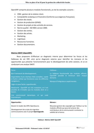 52 | P a g e 
Mohammed OMARI - Mohamed Amine AZAHAF 
Mise en place d’un SI pour la gestion des collectivités locales 
OpenERP comporte plusieurs modules fonctionnels, je cite les exemples suivants : 
 CRM ; gestion de la relation client. 
 Comptabilité analytique et financière (Conforme aux exigences françaises). 
 Gestion des stocks. 
 Gestion de production (GPAO). 
 Gestion de projets et des activités de services. 
 Norme qualité : ISO 9001 version 2000. 
 Gestion des ventes. 
 Gestion des achats. 
 Marketing. 
 Logistique. 
 Ressources humaines. 
 Gestion documentaire. 
Matrice SWOT (OpenERP): 
Nous proposons d’effectuer un diagnostic interne pour déterminer les forces et les faiblesses de cet ERP, ainsi qu’un diagnostic externe pour identifier les menaces et les opportunités que présente l’environnement pour le développement de cette solution, et ce en conduisant une analyse SWOT. 
Tableau1 : Matrice SWOT OpenERP 
Force : Bon Framework de développement. Disponibilité d’une interface Web complète, rapide et facile à utiliser qui fonctionne avec les différents navigateurs. Léger et assez facile a appréhender. Modularité : OpenERP est très modulaire, et il est possible de n’installer que les modules dont on a besoin. Une communauté dynamique, et qui code énormément. Faiblesse : La faiblesse fonctionnelle des modules officiels, OpenERP possède le minimum dans chaque domaine. Manque d’intégrateurs expérimentés. 
Opportunités : 
Devenir le leader des ERPs OpenSource. 
Développement de scripts de migration communautaires avec le projet OpenUpgrade. 
Menace : 
Mauvaise gestion des copyrights par l'éditeur sur les modules officiels qui pourrait amener des contributeurs de la communauté à contester la validité de la licence.  