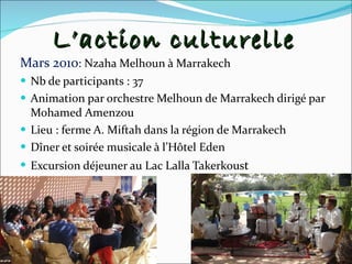 L’action culturelle Mars 2010 : Nzaha Melhoun à Marrakech Nb de participants : 37 Animation par orchestre Melhoun de Marrakech dirigé par Mohamed Amenzou Lieu : ferme A. Miftah dans la région de Marrakech Dîner et soirée musicale à l’Hôtel Eden  Excursion déjeuner au Lac Lalla Takerkous t 