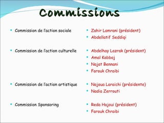 Commissions Commission de l’action sociale Commission de l’action culturelle Commission de l’action artistique Commission Sponsoring Commission Communication Zahir Lamrani (président) Abdellatif Seddiqi Abdelhay Lazrak (président) Amal Kabbaj Najat Bennani Farouk Chraibi Najoua Laraichi (présidente) Nadia Zerrouti Reda Hajoui (président) Farouk Chraibi Nabil Taoufik 