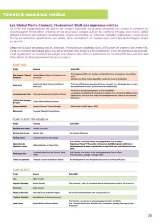25
Talents & nouveaux médias
Les Global Media Connect, l’évènement BtoB des nouveaux médias
Le GMC est l’organisation de pitchs de projets hybrides ou d’idées prospectives visant à valoriser et
accompagner l’innovation créative et les nouveaux usages autour du contenu (image, son, texte, data)
diffusé à travers des médias (smartphone, objets connectés, tv ,internet, tablette, robotique..), sous toute
forme de narration (application, jeu vidéo, série, animation), et quelles que soient les technologies mises
en œuvre.
Organisé autour de producteurs, éditeurs, investisseurs, distributeurs, diffuseurs et experts des marchés,
c’est un moment privilégié pour eux pour repérer des projets à fort potentiel. Pour les porteurs de projets,
c’est également un moment privilégié aﬁn d’avoir des retours pertinents et constructifs leur permettant
d’accélérer le développement de leurs projets.
 