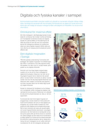 6
>> Mottagarmakt 2015 Digitala och fysiska kanaler i samspel
Digitala och fysiska kanaler i samspel
Omnikanal för maximal effekt
Att möta mottagaren i alla tillgängliga kanaler brukar
kallas för omnikanal. Det innebär i korthet att företag
och myndigheter kombinerar fysiska och digitala
kanaler, för optimal effekt. En förutsättning för att
detta ska lyckas är dock att man som avsändare
känner till mottagarnas attityder och preferenser
såväl som deras digitala mognad. Utifrån detta kan
man utforma och anpassa kommunikationen på ett
effektivt sätt.
Den digitala mognaden
i Sverige
TNS Sifos globala undersökning ”Connected Life”,
kartlägger den digitala mognaden hos befolkningen.
Den delar in svenskarna i fyra olika segment enligt
två aspekter: hur aktiv man är i sociala medier, samt
graden av ens digitala inflytande.
Personer som har högst digital mognad kallas
Leaders och är de som är mest mottagliga för
digital kommunikation. Observers har även de en
hög digital mognad men är däremot inte särskilt
aktiva i sociala medier. Connectors, är aktiva i sociala
medier men har inte lika högt digitalt inflytande som
Observers eller Leaders. Functionals, det segment
som flest svenskar tillhör har ett relativt lågt socialt
och digital inflytande.
Studien är intressant för förståelsen av hur företag
och myndigheter utifrån mottagarnas digitala mog-
nad bäst bör kommunicera. Preferenser och attityder
till olika kommunikationskanaler ser olika ut i de fyra
segmenten.
Functionals (de med minst digital mognad och
engagemang i sociala medier) är mest positiva till
fysisk kommunikation. De som är mest digitala och
engagerar sig i sociala medier (Leaders) är mest
positiva till olika digitala kommunikationslösningar.
Det är dock intressant att notera att oavsett digital
och social mognad föredrar alla brevet i vissa lägen,
exempelvis när informationen är känslig eller privat,
ska kunna sparas eller ge ett bra intryck av avsända-
ren. Detta tydliggör att det måste till en kombination
av både digitala och fysiska kommunikationskanaler
för att få till en optimal kanalmix. Det är viktigt att ta
hänsyn till vem mottagaren är och syftet med kom-
munikationen för att nå mottagaren på bästa sätt.
Kommunikationssamhället utvecklas snabbt och utbudet av nya kanaler erbjuder många möjlig-
heter. Samtidigt blir kanalvalet allt mer komplext. ­Kombinationen av digital och fysisk kommuni-
kation gör det möjligt att erbjuda mottagarna både valmöjlighet och flexibilitet i hur de tar emot
information.
Socialt engagemang
Digitaltinflytande
37 %
Functionals
24 %
Leaders
32 %
Observers
7 %
Connectors
Befolkningens digitala mognad - Connected Life
 