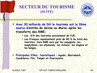 SECTEUR DU TOURISME (SUITE) Avec 30 milliards de DH le tourisme est la 2ème   source  d’entrée de devise au Maroc après les transferts des RME ; Les  3/4 des touristes proviennent de l’UE. Les Français représentent près de 40 % du total des touristes  hors RME suivi par les espagnols, les maghrébins, les allemands, les italiens, les Anglais et les belges.  Principales Villes  touristiques  : Agadir, Marrakech, Casablanca, Fès, Tanger et Ouarzazate. 