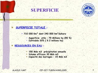 SUPERFICIE SUPERFECIE TOTALE  :   710 000 Km² dont 240 000 km²Sahara Superficie  utile : 79 Millions ha (55 %) Cultivable 20% ( 9.2 millions ha) RESSOURCES EN EAU  :   150 Mds m3  précipitation annuelle  Volume efficace 30 Mds m3 Capacité des barrages : 15 Mds m3   