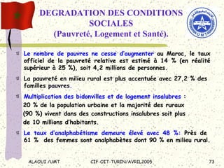 DEGRADATION DES CONDITIONS SOCIALES (Pauvreté, Logement et Santé). Le nombre de pauvres   ne cesse d’augmenter  au Maroc, le taux officiel de la pauvreté relative est estimé à 14 % (en réalité supérieur à 25 %), soit 4,2 millions de personnes. La pauvreté en milieu rural est plus accentuée avec 27,2 % des familles  pauvres . Multiplication des bidonvilles et de logement insalubres  :  20 % de la population urbaine et la majorité des ruraux  (90 %) vivent dans des constructions insalubres soit plus de 10 millions d’habitants. Le taux d’analphabétisme demeure élevé avec 48 %:  Près de  61 %  des femmes sont analphabètes dont 90 % en milieu rural.  