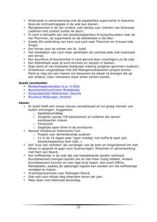 •
•
•
•
•
•
•
•
•
•

Onderzoek in samenwerking met de plaatselijke supermarkt in hoeverre
deze als ontmoetingsplek in de wijk kan dienen.
Mandjeswinkel in de Jan Linders, ook handig voor cliënten van Overwaal
(oefenen met contact buiten de deur).
In Lent is behoefte aan een boodschappenbus of busje/buurttaxi naar de
het Thermion, de supermarkt en de bibliotheek in De Ster.
Goede OV-verbinding van kern oud-Lent naar Thermion en Vrouwe Uda
Singel.
Een terras voor de entree van St. Jozef.
Het marktplein van Lent meer aankleden als centrale plek met eventueel
een terras.
Een buurthuis of buurtwinkel in Lent gerund door vrijwilligers uit de wijk.
Een bibliotheek waar je kunt struinen en neuzen in boeken.
Stap soms af van klassieke doelgroep indeling jongeren-gezinnen–ouderen.
Initiatieven vergelijkbaar met het Meergeneratiewonen project binnen
Plant je vlag zijn een manier om bewoners bij elkaar te brengen die op
een andere, meer intensieve wijze willen samen-wonen.

Goede voorbeelden

•
•
•
•

Boodschappenplusbus (o.a. in Elst)
Buurtwinkel/lunchroom Breedeweg
Zorgcoöperatie Helenaveen, Deurne
Bruishuis Malburgen, Arnhem

Ideeën

•

•

•

•

•
•
•

	
  

St Jozef heeft een mooie nieuwe recreatiezaal en wil graag mensen van
buiten ontvangen. Suggesties:
o Spelletjesmiddag
o Jongeren (groep 7/8 basisschool) en ouderen die samen
kerstkaarten maken
o Filmavond
o Dagelijks open diner in de avonduren
Nieuwe initiatieven Historische Tuin
o Project voor dementerende ouderen
o 1x in de 14 dagen daar ‘open middag’ met koffie & taart (als
boodschappenbus toch rijdt…)
Een ‘huis van verhalen’ als vervanger van de kerk en mogelijkheid om met
elkaar in gesprek te gaan over levensvragen. Misschien in samenwerking
met Hart van Noord.
Een koffietentje in de wijk dat ook tweedehands spullen verkoopt.
Buurtbewoners brengen spullen die ze niet meer nodig hebben, Andere
buurtbewoners kunnen ze voor lage prijs kopen. Een soort offline
Marktplaats, waarbij de opbrengst ingezet kan worden om het koffietentje
rendabel te maken.
Vrijwilligerscentrale voor Nijmegen-Noord.
Doe-iets-voor-elkaar-dag meerdere keren per jaar.
Meer doen met Nationale Burendag.

25	
  

	
  

 