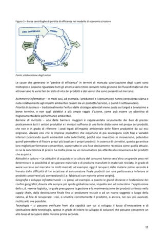  
	
  
11	
  
Figura	
  3	
  –	
  Forze	
  centrifughe	
  di	
  perdita	
  di	
  efficienza	
  nel	
  modello	
  di	
  economia	
  circolare	
  
	
  
Fonte:	
  elaborazione	
  degli	
  autori	
  
Le	
   cause	
   che	
   generano	
   le	
   “perdite	
   di	
   efficienza”	
   in	
   termini	
   di	
   mancata	
   valorizzazione	
   degli	
   scarti	
   sono	
  
molteplici	
  e	
  possono	
  riguardare	
  tutti	
  gli	
  attori	
  a	
  vario	
  titolo	
  coinvolti	
  nella	
  gestione	
  dei	
  flussi	
  di	
  materiali	
  che	
  
attraversano	
  le	
  varie	
  fasi	
  del	
  ciclo	
  di	
  vita	
  dei	
  prodotti	
  e	
  dei	
  servizi	
  che	
  sono	
  presenti	
  sul	
  mercato:	
  
Asimmetrie	
  informative	
  –	
  in	
  molti	
  casi,	
  ad	
  esempio,	
  i	
  produttori	
  e	
  i	
  consumatori	
  hanno	
  conoscenza	
  scarsa	
  o	
  
nulla	
  relativamente	
  agli	
  impatti	
  ambientali	
  causati	
  da	
  un	
  prodotto/servizio,	
  e	
  quindi	
  li	
  sottovalutano.	
  
Priorità	
  di	
  business	
  –	
  tradizionalmente	
  l’enfasi	
  dalle	
  strategie	
  aziendali	
  viene	
  posta	
  sui	
  target	
  a	
  brevissimo	
  e	
  
breve	
   termine,	
   e	
   non	
   sugli	
   obiettivi	
   a	
   più	
   ampio	
   raggio	
   d’azione,	
   come	
   può	
   essere	
   un	
   obiettivo	
   di	
  
miglioramento	
  delle	
  performance	
  ambientali.	
  
Barriere	
   di	
   mercato	
   –	
   una	
   delle	
   barriere	
   maggiori	
   è	
   rappresentata	
   sicuramente	
   dai	
   bias	
   di	
   prezzo:	
  
praticamente	
  tutti	
  i	
  settori	
  produttivi	
  e	
  i	
  mercati	
  soffrono	
  di	
  una	
  forte	
  distorsione	
  nel	
  prezzo	
  dei	
  prodotti,	
  
che	
   non	
   è	
   in	
   grado	
   di	
   riflettere	
   i	
   costi	
   legati	
   all’impatto	
   ambientale	
   delle	
   filiere	
   produttive	
   da	
   cui	
   essi	
  
originano.	
   Accade	
   così	
   che	
   le	
   imprese	
   produttrici	
   che	
   inquinano	
   di	
   più	
   sostengano	
   costi	
   fissi	
   e	
   variabili	
  
inferiori	
   (scaricando	
   quelli	
   ambientali	
   sulla	
   collettività),	
   poiché	
   non	
   investono	
   in	
   innovazione,	
   potendosi	
  
quindi	
  permettere	
  di	
  fissare	
  prezzi	
  più	
  bassi	
  per	
  i	
  propri	
  prodotti.	
  In	
  assenza	
  di	
  correttivi,	
  questo	
  garantisce	
  
loro	
  migliori	
  performance	
  competitive,	
  soprattutto	
  in	
  una	
  fase	
  decisamente	
  recessiva	
  come	
  quella	
  attuale,	
  
in	
  cui	
  la	
  concorrenza	
  di	
  prezzo	
  ha	
  molta	
  presa	
  su	
  un	
  consumatore	
  più	
  attento	
  alla	
  convenienza	
  dei	
  prodotti	
  
che	
  acquista.	
  
Abitudini	
  e	
  cultura	
  –	
  Le	
  abitudini	
  di	
  acquisto	
  e	
  la	
  cultura	
  del	
  consumo	
  hanno	
  senz’altro	
  un	
  grande	
  peso	
  nel	
  
determinare	
  le	
  possibilità	
  di	
  recuperare	
  materiale	
  e	
  di	
  produrre	
  manufatti	
  in	
  materiale	
  riciclato,	
  in	
  grado	
  di	
  
avere	
  successo	
  sul	
  mercato.	
  In	
  molti	
  mercati,	
  ad	
  esempio,	
  oggi	
  il	
  recupero	
  delle	
  materie	
  prime	
  seconde	
  è	
  
frenato	
   dalla	
   difficoltà	
   di	
   far	
   accettare	
   al	
   consumatore	
   finale	
   prodotti	
   con	
   una	
   performance	
   inferiore	
   ai	
  
prodotti	
  concorrenti	
  più	
  convenzionali	
  (i.e.	
  fabbricati	
  con	
  materie	
  prime	
  vergini).	
  
Geografia	
  e	
  sviluppo	
  infrastrutturale	
  –	
  si	
  pensi,	
  ad	
  esempio,	
  a	
  quanto	
  le	
  grandi	
  distanze	
  e	
  l’estensione	
  dei	
  
confini	
  geografici,	
  dovuta	
  alla	
  sempre	
  più	
  spinta	
  globalizzazione,	
  impediscano	
  od	
  ostacolino	
  	
  l’applicazione	
  
della	
  c.d.	
  reverse	
  logistics,	
  la	
  quale	
  presuppone	
  la	
  gestione	
  e	
  la	
  movimentazione	
  dei	
  prodotti	
  a	
  ritroso	
  nella	
  
supply	
   chain,	
   dalla	
   destinazione	
   finale	
   fino	
   al	
   produttore	
   iniziale	
   o	
   ad	
   un	
   nuovo	
   soggetto	
   o	
   luogo	
   della	
  
catena,	
  al	
  fine	
  di	
  recuperare	
  i	
  resi,	
  o	
  smaltire	
  correttamente	
  il	
  prodotto,	
  o	
  ancora,	
  nei	
  casi	
  più	
  avanzati,	
  
riutilizzarlo	
  ove	
  possibile.	
  
Tecnologia	
   –	
   si	
   possono	
   verificare	
   freni	
   alla	
   rapidità	
   con	
   cui	
   si	
   sviluppa	
   il	
   tasso	
   d’innovazione	
   e	
   di	
  
sostituzione	
  delle	
  tecnologie,	
  spesso	
  in	
  grado	
  di	
  inibire	
  lo	
  sviluppo	
  di	
  soluzioni	
  che	
  possano	
  consentire	
  un	
  
alto	
  tasso	
  di	
  recupero	
  delle	
  materie	
  prime	
  seconde.	
  
 