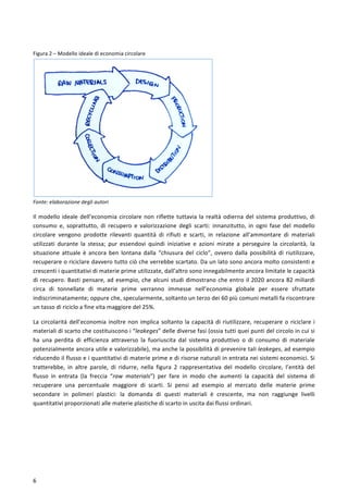  
	
  
6	
  
	
  
Figura	
  2	
  –	
  Modello	
  ideale	
  di	
  economia	
  circolare	
  
	
  
Fonte:	
  elaborazione	
  degli	
  autori	
  
Il	
  modello	
  ideale	
  dell’economia	
  circolare	
  non	
  riflette	
  tuttavia	
  la	
  realtà	
  odierna	
  del	
  sistema	
  produttivo,	
  di	
  
consumo	
   e,	
   soprattutto,	
   di	
   recupero	
   e	
   valorizzazione	
   degli	
   scarti:	
   innanzitutto,	
   in	
   ogni	
   fase	
   del	
   modello	
  
circolare	
   vengono	
   prodotte	
   rilevanti	
   quantità	
   di	
   rifiuti	
   e	
   scarti,	
   in	
   relazione	
   all’ammontare	
   di	
   materiali	
  
utilizzati	
   durante	
   la	
   stessa;	
   pur	
   essendovi	
   quindi	
   iniziative	
   e	
   azioni	
   mirate	
   a	
   perseguire	
   la	
   circolarità,	
   la	
  
situazione	
   attuale	
   è	
   ancora	
   ben	
   lontana	
   dalla	
   “chiusura	
   del	
   ciclo”,	
   ovvero	
   dalla	
   possibilità	
   di	
   riutilizzare,	
  
recuperare	
  o	
  riciclare	
  davvero	
  tutto	
  ciò	
  che	
  verrebbe	
  scartato.	
  Da	
  un	
  lato	
  sono	
  ancora	
  molto	
  consistenti	
  e	
  
crescenti	
  i	
  quantitativi	
  di	
  materie	
  prime	
  utilizzate,	
  dall’altro	
  sono	
  innegabilmente	
  ancora	
  limitate	
  le	
  capacità	
  
di	
  recupero.	
  Basti	
  pensare,	
  ad	
  esempio,	
  che	
  alcuni	
  studi	
  dimostrano	
  che	
  entro	
  il	
  2020	
  ancora	
  82	
  miliardi	
  
circa	
   di	
   tonnellate	
   di	
   materie	
   prime	
   verranno	
   immesse	
   nell’economia	
   globale	
   per	
   essere	
   sfruttate	
  
indiscriminatamente;	
  oppure	
  che,	
  specularmente,	
  soltanto	
  un	
  terzo	
  dei	
  60	
  più	
  comuni	
  metalli	
  fa	
  riscontrare	
  
un	
  tasso	
  di	
  riciclo	
  a	
  fine	
  vita	
  maggiore	
  del	
  25%.	
  
La	
  circolarità	
  dell’economia	
  inoltre	
  non	
  implica	
  soltanto	
  la	
  capacità	
  di	
  riutilizzare,	
  recuperare	
  o	
  riciclare	
  i	
  
materiali	
  di	
  scarto	
  che	
  costituiscono	
  i	
  “leakeges”	
  delle	
  diverse	
  fasi	
  (ossia	
  tutti	
  quei	
  punti	
  del	
  circolo	
  in	
  cui	
  si	
  
ha	
   una	
   perdita	
   di	
   efficienza	
   attraverso	
   la	
   fuoriuscita	
   dal	
   sistema	
   produttivo	
   o	
   di	
   consumo	
   di	
   materiale	
  
potenzialmente	
  ancora	
  utile	
  e	
  valorizzabile),	
  ma	
  anche	
  la	
  possibilità	
  di	
  prevenire	
  tali	
  leakeges,	
  ad	
  esempio	
  
riducendo	
  il	
  flusso	
  e	
  i	
  quantitativi	
  di	
  materie	
  prime	
  e	
  di	
  risorse	
  naturali	
  in	
  entrata	
  nei	
  sistemi	
  economici.	
  Si	
  
tratterebbe,	
   in	
   altre	
   parole,	
   di	
   ridurre,	
   nella	
   figura	
   2	
   rappresentativa	
   del	
   modello	
   circolare,	
   l’entità	
   del	
  
flusso	
   in	
   entrata	
   (la	
   freccia	
   “raw	
   materials”)	
   per	
   fare	
   in	
   modo	
   che	
   aumenti	
   la	
   capacità	
   del	
   sistema	
   di	
  
recuperare	
   una	
   percentuale	
   maggiore	
   di	
   scarti.	
   Si	
   pensi	
   ad	
   esempio	
   al	
   mercato	
   delle	
   materie	
   prime	
  
secondare	
   in	
   polimeri	
   plastici:	
   la	
   domanda	
   di	
   questi	
   materiali	
   è	
   crescente,	
   ma	
   non	
   raggiunge	
   livelli	
  
quantitativi	
  proporzionati	
  alle	
  materie	
  plastiche	
  di	
  scarto	
  in	
  uscita	
  dai	
  flussi	
  ordinari.	
  
	
  
 