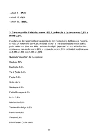 26	
	
- articoli 2, - 27,6%
- articoli 12, - 26%
- articoli 36, +219% .
3. Calo record in Calabria: meno 19%. Lombardia e ...