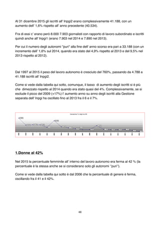 48	
	
Al 31 dicembre 2015 gli iscritti all' Inpgi2 erano complessivamente 41.188, con un
aumento dell’ 1,6% rispetto all’ ...